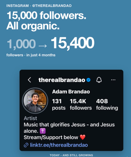 Adam Brandao Instagram growth from 1,000 to 15,400 followers