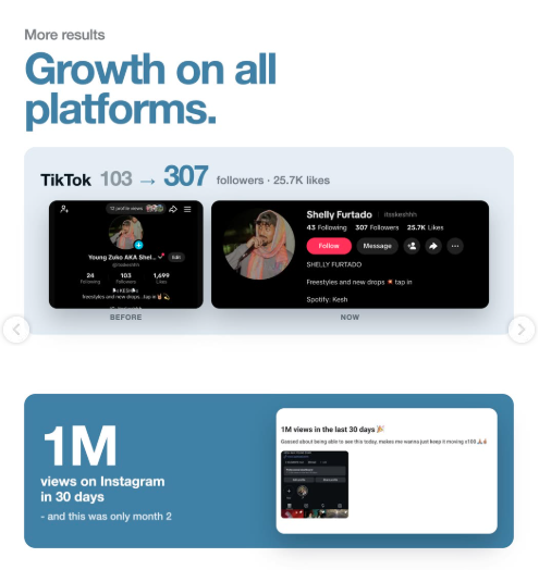 Kesh growth on TikTok from 103 to 307 followers and 1M Instagram views in 30 days