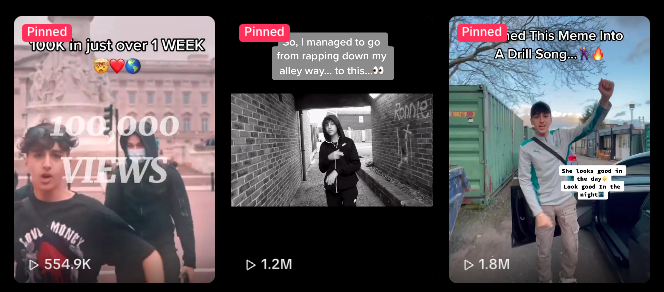 Bck pinned TikTok videos with 554.9K, 1.2M and 1.8M views