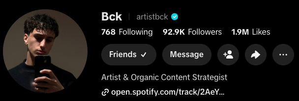 Bck verified TikTok profile with 92.9K followers and 1.9M likes